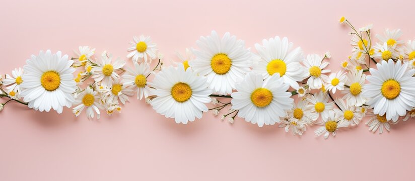 A floral arrangement featuring chamomile flowers against a pastel backdrop represents the essence of spring and summer The image is captured from above with a flat lay approach leaving empty space fo