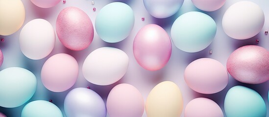 Fototapete - Close up of Easter eggs with pastel colors arranged for the celebration creating a beautiful flat lay for the Easter copy space image