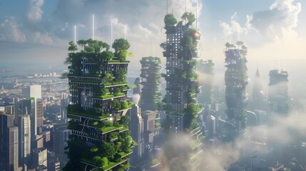 Poster - An urban skyline with sleek, futuristic battery storage units integrated into buildings, harnessing renewable energy sources to power the city while reducing carbon footprint 
