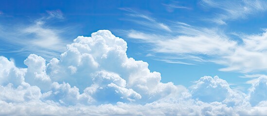 Poster - During the daytime the sky is adorned with serene and tranquil puffy clouds against a backdrop of a vibrant blue color Available as a copy space image