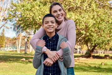 Poster - Portrait, happy mother and hug kid at park together for love, care and bonding on summer holiday vacation. Face, mom and embrace child outdoor for connection, support and healthy family relationship