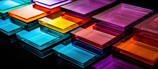 Poster - A close up look at vibrantly colored stamping pads against a black background with plenty of empty space for text or other elements. with copy space image. Place for adding text or design
