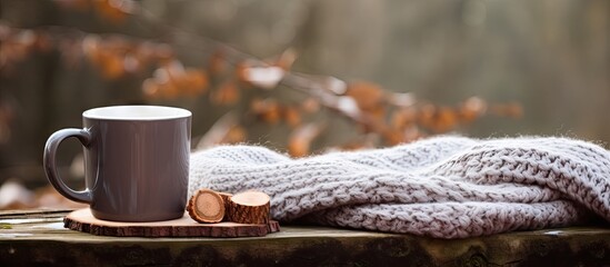 Poster - Horizontal copy space image of an empty enamel mug on a tree stump adorned with a warm scarf perfectly set for a comforting hot chocolate with marshmallow