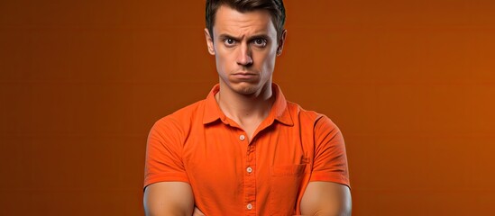 Poster - A displeased young man wearing casual clothing including a blue shirt and white t shirt stands isolated in a studio portrait He frowns looking directly at the camera with his arms crossed conveying a