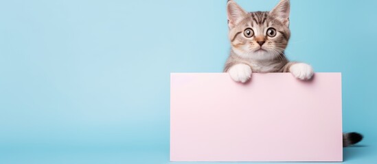 Poster - An adorable pet a cute tabby cat holding a blank whiteboard against an isolated pastel color background creating a playful and adorable copy space image