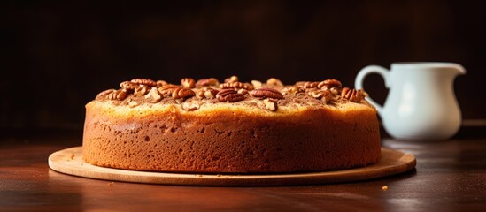 Poster - An image of a homemade coffee flavored sponge cake with a pecan nut topping providing plenty of copy space