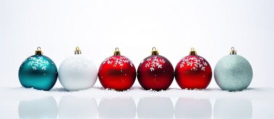 Poster - A copy space image featuring isolated Christmas colored balls on a snowy background representing the concept of a Christmas background
