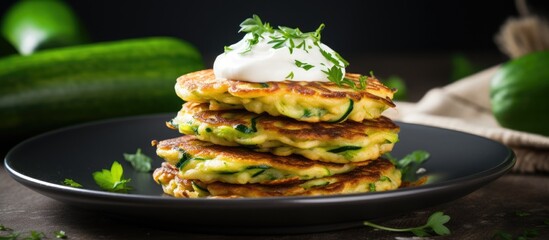 Fototapete - The delicious vegetarian zucchini fritters or pancakes are accompanied by creamy Greek yogurt in this captivating close up copy space image
