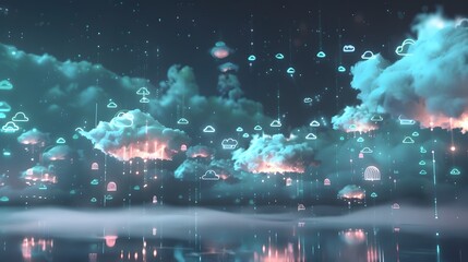 Poster -  IoT devices offloading data to remote cloud servers, represented by a network of devices connected to floating, illuminated cloud hubs, showcasing the power of cloud computing