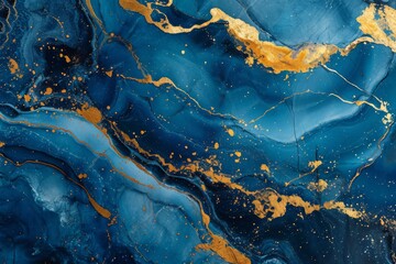 Abstract blue color marble texture with gold splashes, blue luxury background, Ai generated