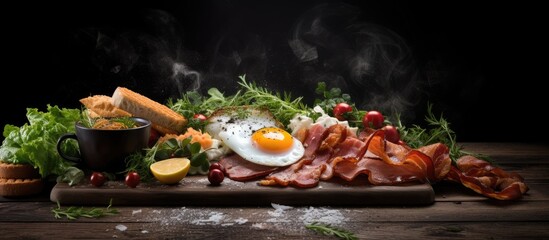 Fototapete - English breakfast including a boiled egg jamon waffles and green herbs can be seen in the copy space image