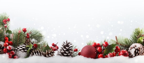 Poster - Isolated Christmas background featuring a variety of colorful ornaments gift boxes berries and fir branches in a snowy setting Copy space image
