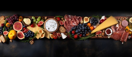 Aufkleber - Top view of a dark background with a cheese fruit and meat board on it creating a visually appealing appetizers table with copy space