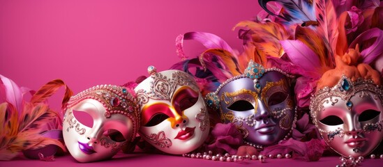 Poster - Carnival masks placed against a vibrant pink backdrop creating an isolated copy space image