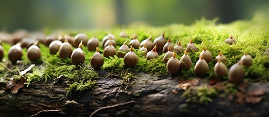 Aufkleber - Acorns that dropped onto the moss covered ground. with copy space image. Place for adding text or design