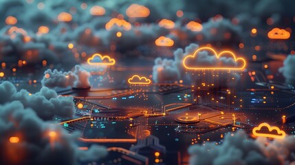 Poster -  IoT devices offloading data to remote cloud servers, represented by a network of devices connected to floating, illuminated cloud hubs, showcasing the power of cloud computing