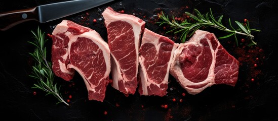 Wall Mural - Freshly cut raw lamb chops sliced with a meat cleaver are showcased in a top down view against a black background Ample copy space is available