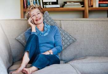 Poster - Phone call, smile and thinking with elderly woman on sofa in living room of retirement home for communication. Contact, conversation and idea with elderly person talking on mobile in apartment