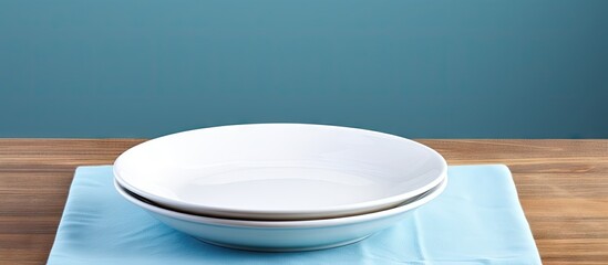 Fototapete - A copy space image of a white dish cloth and an empty plate sitting on a blue kitchen table