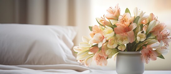 Aufkleber - Alstroemeria flowers and decor adorn a vase on a bedside table in a bedroom. with copy space image. Place for adding text or design