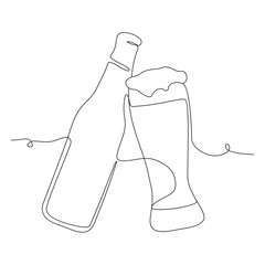 Continuous one single line art drawing of wine bottle alcohol drink in style outline vector illustration