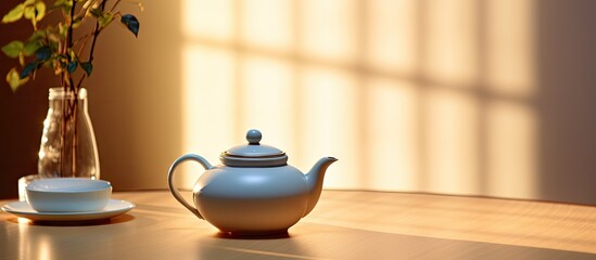 Poster - An elegant teapot placed on a bright table in a well lit room creating a photograph with ample copy space image