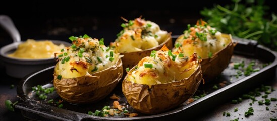 Cheesy garlic and herb stuffed baked potatoes with the peel Copy space image