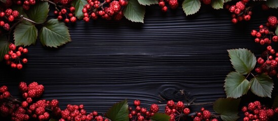 Wall Mural - A dark wooden background showcasing a corner frame created from berry branches and guelder rose viburnum leaves providing ample copy space in a flat lay