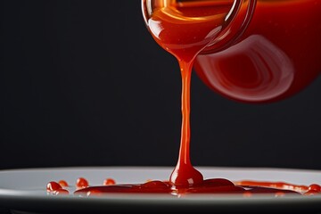 A closeup view of a spoon pouring sauce from a bottle onto a white plate