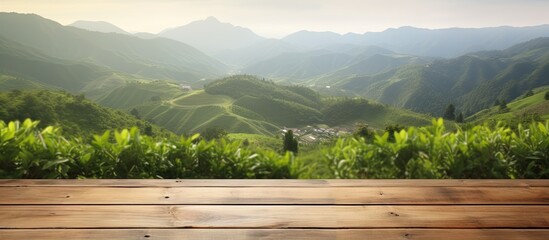 Poster - Copy space image of an empty wooden table overlooking a picturesque mountain or a wooden desk surrounded by a serene tea plantation with a blurred bokeh background Add your own text