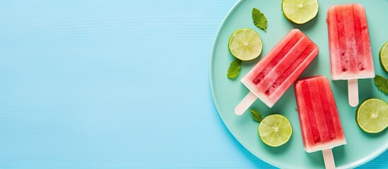 Poster - A close up image of a refreshing ice cream popsicle on a plate accompanied by watermelon slices an ice cube and a lime The blue background adds to the vibrant top view aesthetic