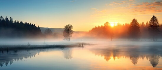 Poster - A misty morning in Spessart with a stunning sunrise and plenty of copy space image