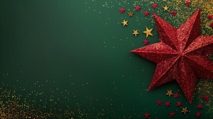 Wall Mural - Festive Red Sparkling Star and Golden Confetti on Dark Green Background - Christmas Holiday Decoration