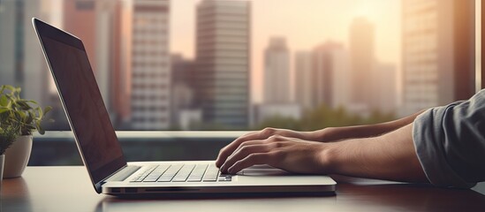 Poster - A close up of hands typing on a laptop placed on a wooden desk with a stack of papers nearby against the backdrop of a window The laptop screen is blank providing ample copy space