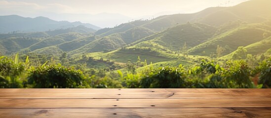 Poster - Copy space image of an empty wooden table overlooking a picturesque mountain or a wooden desk surrounded by a serene tea plantation with a blurred bokeh background Add your own text