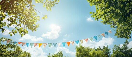 Aufkleber - The summer party banner features a vibrant string of pennants hanging among the lush green tree leaves against a backdrop of blue sky providing ample copy space for customization