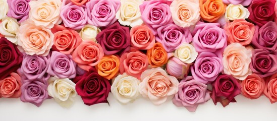 Leinwandbilder - A flat lay of vibrant roses arranged in a floral pattern against a white background The top view showcases the intricate texture and design of the flowers creating a captivating Valentine s backgroun