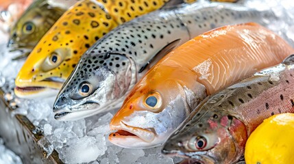 Fresh fish market  high quality close up photography of seafood on white background with empty space