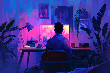 programmer freelancer workplace. person coding, writing a computer code at the night