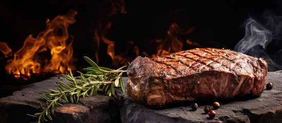 Poster - A flavorful cowboy steak grilled and seasoned rests on a rustic stone backdrop offering ample copy space for your text