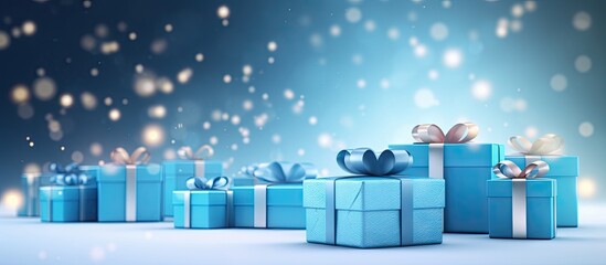 Poster - Copy space image of gifts on a backdrop of soft blue illuminate the scene