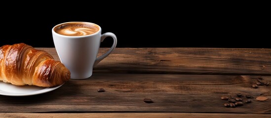 Poster - A copy space image featuring a cup of coffee and a croissant placed on a wooden background