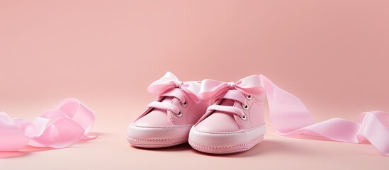 Poster - A pink pair of baby girl shoes and matching newborn clothes representing the concepts of motherhood education and pregnancy Perfect for a greeting card with copy space image