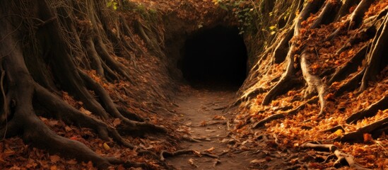 Aufkleber - A tree hollow sits in the path on a crisp autumn day with plenty of space for a captivating image. with copy space image. Place for adding text or design