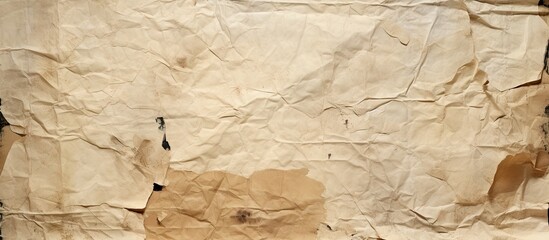 Poster - An aged vintage collage of ripped and torn posters on a wrinkled beige brown paper surface The copy space image features a crumpled creased background with a grungy texture