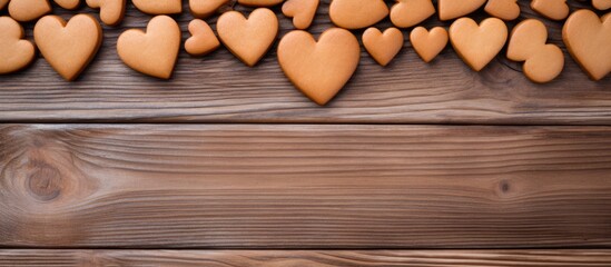 Aufkleber - Wooden background with a border of heart shaped gingerbread cookies providing plenty of space for copy and images