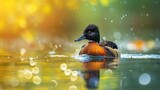 Fototapeta  - Swimming duck. Natural lake habitat background. Bird: Ferruginous Duck. Aythya nyroca.