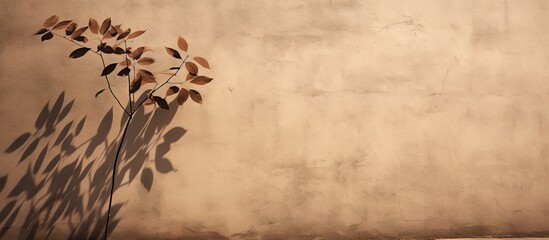 Poster - The abstract tree casts leaf shaped shadows on a textured wall The wall is brown with roughness and irregularities The image has trendy colored nature concept background and provides copy space for t