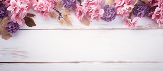 Poster - There is a blurry abstract background with a copy space image showcasing beautiful flowers on a wooden white backdrop
