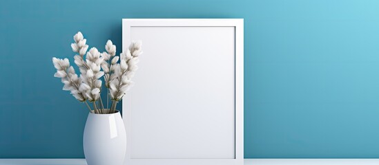 Poster - A copy space image of a blank white frame mockup is showcased on a blue table standing out against a blue wall A beautiful flower is placed in a vase nearby